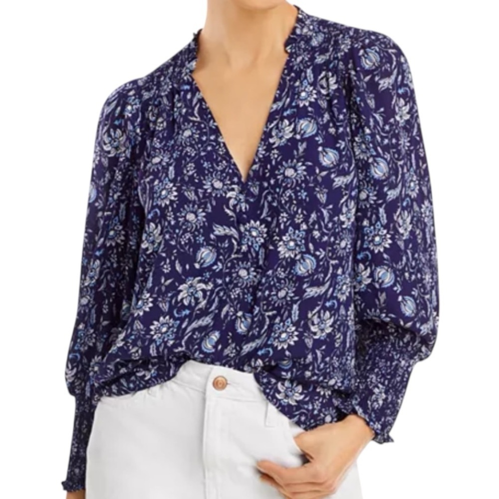 NWT AQUA Navy Blue Floral Long Sleeve V-Neck Smocked Sleeve Blouse Size X-Large